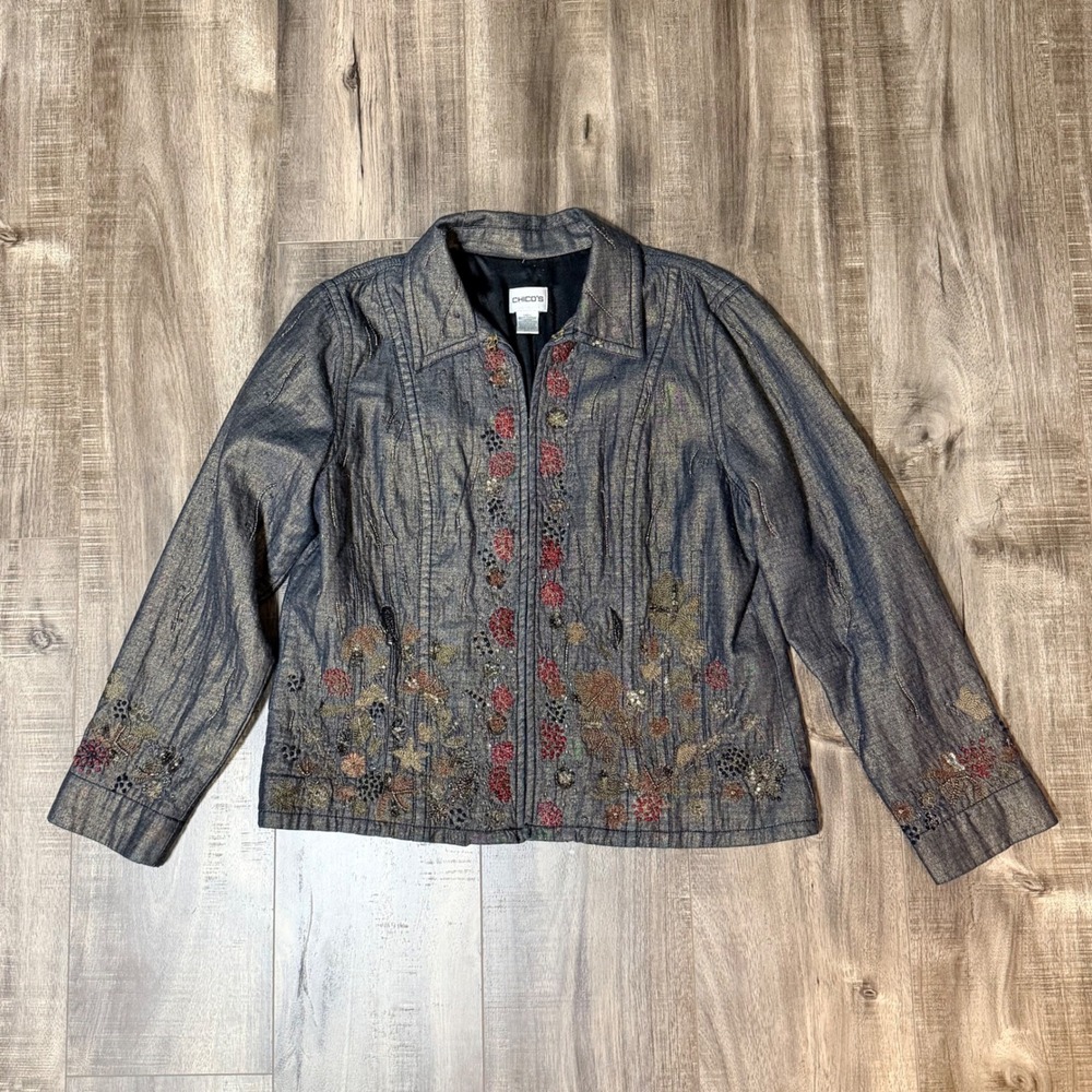 Chicos Metallic Denim Jacket Floral Embroidered Beaded Zip Up Size‎ 1 M